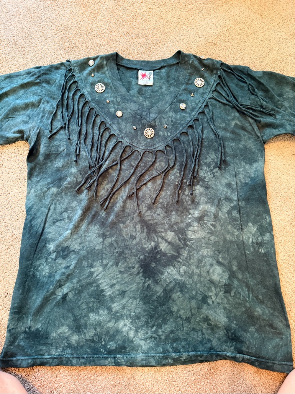 Vintage Fringed Tie-Dye V-Neck Emerald Cotton Tee with Silver Accents